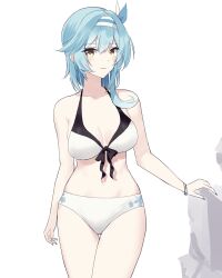 Rule 34 | 1girl, bare arms, bare shoulders, bikini, blue hair, blush, breasts, cleavage, commentary request, cowboy shot, eula (genshin impact), genshin impact, hairband, highres, large breasts, long hair, looking at viewer, navel, simple background, solo, standing, stardust-kun, stomach, swimsuit, thighs, white background, white bikini, yellow eyes