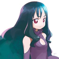 Rule 34 | 1girl, bare shoulders, black hair, breasts, cleavage cutout, closed mouth, clothing cutout, commentary request, copyright request, dress, expressionless, long hair, purple dress, red eyes, reiesu (reis), signature, simple background, small breasts, solo, upper body, white background