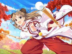 Rule 34 | 1girl, ahoge, armpits, autumn, autumn leaves, bell, blue sky, blunt bangs, blush, breasts, brown eyes, brown hair, bun cover, cloud, day, detached sleeves, double bun, drumsticks, earrings, falling flower, falling leaves, falling petals, flower, forest, grass, hair bun, hakama, high collar, highres, hip vent, holding, holding drumsticks, japanese clothes, jewelry, jingle bell, large breasts, leaf, lens flare, light particles, lightning ahoge, long hair, looking at viewer, mirror, mystical high collar, nature, nontraditional miko, official alternate costume, official art, open mouth, outdoors, petals, pink flower, plant, red hakama, renka (senran kagura), ribbon, ribbon-trimmed sleeves, ribbon trim, senran kagura, senran kagura estival versus, senran kagura new link, sideboob, sky, smile, solo, sunlight, taiko sticks, tomoe (symbol), tree, white footwear, yaegashi nan