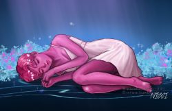 Rule 34 | 1girl, artist name, barefoot, blue background, breasts, cleavage, colored skin, commentary, dress, english commentary, facing viewer, full body, highres, lore olympus, lying, medium breasts, n-i-s-s-i, on side, persephone (lore olympus), petals, pink hair, pink skin, short hair, sleeping, solo, white dress