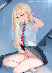 Rule 34 | 1girl, armpits, blonde hair, blue eyes, blush, breasts, clothes lift, long hair, looking at viewer, medium breasts, melonbooks, mignon, navel, necktie, original, panties, shiro-chan (mignon), skirt, skirt lift, solo, stomach, sweat, thighs, underwear, very long hair