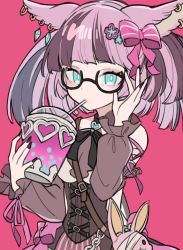 Rule 34 | 1girl, adjusting eyewear, animal ears, bespectacled, black nails, bow, bowtie, breasts, brown dress, cleavage, detached sleeves, dress, drinking, drinking straw, ear piercing, eno (preno gb), glasses, granblue fantasy, green eyes, hair bow, hands up, highres, lips, looking at viewer, manamel, medium hair, multicolored hair, nail polish, piercing, pink hair, semi-rimless eyewear, sleeveless, sleeveless dress, small breasts, solo, stuffed animal, stuffed rabbit, stuffed toy, upper body