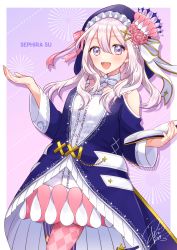 Rule 34 | 1girl, absurdres, akowazaki, blue cardigan, book, bow, cardigan, character name, fensi, flower, frilled hood, frills, hair bow, hair ornament, highres, holding, holding book, hood, hood up, looking at viewer, open mouth, pink flower, pink hair, purple eyes, sephira su, smile, virtual youtuber, x hair ornament