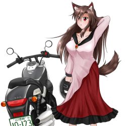 Rule 34 | 1girl, animal ears, breasts, brooch, brown hair, cleavage, collarbone, dress, fingernails, hand in own hair, highres, honda, imaizumi kagerou, jewelry, large breasts, long fingernails, long sleeves, looking away, masegohan, motor vehicle, motorcycle, nail polish, open mouth, red eyes, red nails, simple background, solo, tail, touhou, vehicle, white background, wide sleeves, wolf ears, wolf tail