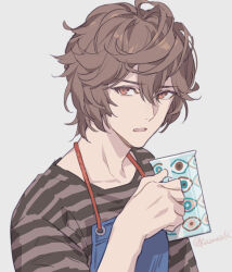 Rule 34 | 1boy, ahoge, alternate costume, apron, artist name, bishounen, brown hair, coffee mug, commentary request, cup, granblue fantasy, grey background, hair between eyes, holding, holding cup, horizontal-striped clothes, looking up, male focus, messy hair, mug, open mouth, parted lips, pota (bluegutty), red eyes, sandalphon (granblue fantasy), sandalphon (server of a sublime brew) (granblue fantasy), signature, simple background, solo, twitter username