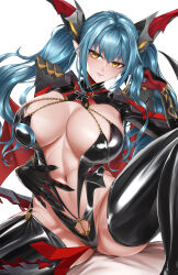 Rule 34 | 1girl, absurdres, anchor symbol, azur lane, black footwear, black gloves, black leotard, blue hair, boots, breasts, cleavage, commentary, cross, dragon girl, dragon horns, dragon tail, dragon wings, gloves, hair between eyes, hair intakes, halter leotard, halterneck, hand in own hair, hand on own stomach, head tilt, highres, horns, iron cross, large breasts, leotard, long hair, looking at viewer, mechanical horns, mechanical tail, navel, parted lips, pointy ears, regensburg (azur lane), shoulder spikes, shrug (clothing), sidelocks, simple background, sitting, smile, solo, spikes, spread legs, tail, thigh boots, twintails, white background, wings, yellow eyes, ytoy