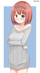 Rule 34 | 1girl, ark royal (kancolle), blue eyes, blush, bob cut, breast rest, breasts, chaa (korone-ze), commentary request, crossed arms, dress, embarrassed, hairband, highres, kantai collection, looking at viewer, red hair, ribbed sweater, short hair, solo, sweatdrop, sweater, sweater dress, tiara
