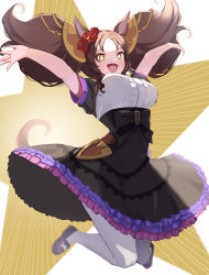 Rule 34 | + +, :d, absurdres, animal ears, arms up, big hair, breasts, brown hair, covered navel, dress shirt, drill hair, fang, flower, frilled skirt, frills, hair flower, hair ornament, high-waist skirt, highres, horse ears, horse girl, horse tail, jumping, large breasts, loafers, long hair, marvelous sunday (umamusume), meme attire, o/, open mouth, outstretched arms, pantyhose, sansai soba, shirt, shoes, side drill, skin fang, skirt, smile, star (symbol), tail, twintails, umamusume, virgin killer outfit, yellow eyes