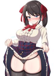 Rule 34 | 1girl, absurdres, black hair, black panties, black thighhighs, blue eyes, blush, breasts, clothes lift, dress, dress lift, hair ribbon, hashira 14, highres, hololive, lifted by self, long sleeves, looking at viewer, lowleg, lowleg panties, medium breasts, oozora subaru, oozora subaru (casual), panties, ribbon, simple background, skindentation, solo, thighhighs, thighs, twintails, underwear, virtual youtuber, wavy mouth