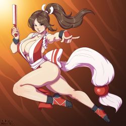 Rule 34 | 1girl, absurdres, artist name, ass, bare shoulders, black socks, breasts, brown background, brown eyes, brown hair, cleavage, collarbone, fatal fury, full body, gradient background, hair ornament, highres, japanese clothes, large breasts, leg up, legs, long hair, looking at viewer, matching hair/eyes, parted lips, ponytail, shiranui mai, sleeveless, socks, solo, soul addicted, the king of fighters