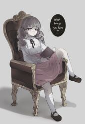 Rule 34 | 1other, armchair, black footwear, black ribbon, blunt bangs, book, chair, english text, fear &amp; hunger, fear &amp; hunger 2: termina, frilled shirt collar, frills, full body, grey background, grey eyes, grey hair, highres, holding, holding book, kneehighs, lilio, long hair, long skirt, long sleeves, looking at viewer, marina (fear &amp; hunger), mary janes, mouth piercing, neck ribbon, on chair, ribbon, shirt, shirt tucked in, shoes, simple background, sitting, skirt, socks, solo, speech bubble, spread legs, talking, twintails, wavy hair, white shirt, white socks
