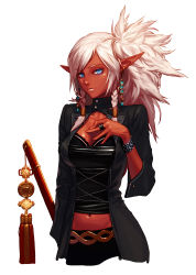 Rule 34 | 00s, 1girl, absurdres, blue eyes, braid, cowboy shot, cross-laced clothes, dark-skinned female, dark skin, dungeon and fighter, earrings, elf, groin, hand on own chest, hand up, highres, holding, holding sword, holding weapon, jewelry, jung wook choi, katana, looking at viewer, minette (dungeon and fighter), mole, mole under eye, navel, open clothes, pointy ears, ponytail, ring, scabbard, sheath, sheathed, side braid, simple background, solo, stud earrings, studded bracelet, sword, tassel, twin braids, weapon, white background, white hair
