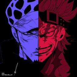 Rule 34 | 2boys, aboude art, beard, earrings, eustass kid, evil grin, evil smile, facial hair, grin, injury, jewelry, looking at viewer, monochrome, multiple boys, one piece, scar, serious, shaded face, simple background, smile, trafalgar law