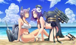Rule 34 | 10s, 2girls, absurdres, all fours, beach, bikini, blush, breasts, cleavage, cloud, day, eyepatch, full body, halo, headgear, highres, kantai collection, large breasts, mechanical halo, multiple girls, navel, purple eyes, purple hair, sandals, shao (newton), short hair, sitting, smile, swimsuit, tatsuta (kancolle), tenryuu (kancolle), yellow eyes