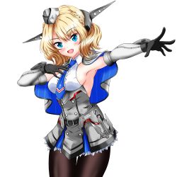 Rule 34 | 1girl, black gloves, black pantyhose, blonde hair, blue eyes, blue necktie, blush, braid, breasts, capelet, colorado (kancolle), commentary request, cowboy shot, dress, elbow gloves, garrison cap, gloves, grey dress, grey hat, hand on own chest, hat, head tilt, headgear, kantai collection, medium breasts, mikuri ouda, necktie, open mouth, pantyhose, pleated dress, shirt, short hair, side braids, sideboob, simple background, sleeveless, smile, solo, transparent background, white background, white shirt