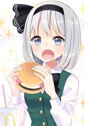 Rule 34 | 1girl, absurdres, black bow, black bowtie, black hairband, blue eyes, bow, bowtie, breasts, burger, buttons, collar, collared shirt, cup, dress, drink, food, green dress, grey eyes, hairband, hands up, heart, heart-shaped pupils, highres, konpaku youmu, long sleeves, looking to the side, mcdonald&#039;s, medium breasts, open mouth, puffy long sleeves, puffy sleeves, shirt, short hair, silver hair, sitting, solo, star (symbol), starry background, stigma1101, symbol-shaped pupils, touhou, white background, white shirt, white sleeves