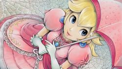 Rule 34 | 1girl, blonde hair, blue eyes, dress, earrings, elbow gloves, from above, furirin, gloves, jewelry, lips, mario (series), nintendo, painting (action), parasol, princess peach, smile, solo, super mario bros. 1, umbrella, water drop