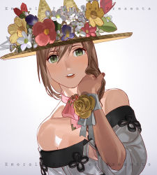 Rule 34 | 1girl, animal ears, bare shoulders, breasts, brown hair, cat ears, cleavage, cleavage cutout, clothing cutout, ears through headwear, emmmerald, final fantasy, final fantasy xiv, fingernails, flower, green eyes, grey background, hair between eyes, hand up, hat, hat flower, lips, looking at viewer, medium breasts, miqo&#039;te, off shoulder, parted lips, purple flower, red flower, rose, simple background, slit pupils, smile, solo, upper body, white flower, wristband, yellow flower, yellow rose