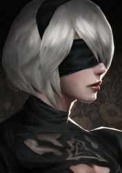 Rule 34 | 1girl, black dress, black hairband, blindfold, breasts, cleavage, cleavage cutout, clothing cutout, covered eyes, dress, hair over one eye, hairband, hellyon white, highres, juliet sleeves, lips, long sleeves, looking away, medium breasts, nier (series), nier:automata, nose, parted lips, pink lips, portrait, profile, puffy sleeves, red lips, ribbed dress, short hair, silver hair, solo, turtleneck, upper body, 2b (nier:automata)