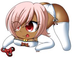Rule 34 | 1girl, ass, bell, bent over, bra, breasts, cat bra, cat cutout, cat lingerie, chibi, cleavage, cleavage cutout, clothing cutout, collar, dark skin, eyes visible through hair, fidget spinner, gloves, hair over one eye, holding, large breasts, looking to the side, meme attire, neck bell, panties, pink hair, pokumii, red eyes, short hair, side-tie panties, smile, thighhighs, tongue, tongue out, transparent background, underwear, white bra, white gloves, white panties, white thighhighs