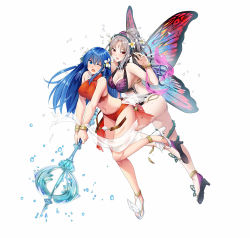 Rule 34 | 2girls, ass, bare shoulders, bikini, blue eyes, blue hair, breasts, caeda (fire emblem), cleavage, fairy wings, feet, female focus, fire emblem, fire emblem: mystery of the emblem, fire emblem heroes, full body, hair ornament, high heels, long hair, matching hair/eyes, medium breasts, midriff, multiple girls, navel, nintendo, official art, one-piece swimsuit, one eye closed, plumeria (fire emblem), pointy ears, ryouma (galley), sandals, simple background, swimsuit, toes, torn clothes, white background, white footwear, wince, wings