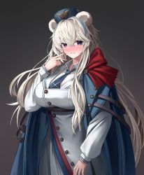 Rule 34 | 1girl, absurdres, animal ears, arknights, bear ears, blue cape, blue eyes, blue hair, blue headwear, blue necktie, blush, bow, breasts, cape, chun bae, clenched teeth, coat, grey background, hair between eyes, hand up, heterochromia, highres, large breasts, long hair, long sleeves, multicolored hair, necktie, parted lips, pink hair, red bow, red eyes, rosa (arknights), simple background, smile, solo, streaked hair, teeth, upper body, ursus empire logo, v, very long hair, white coat, white hair