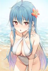Rule 34 | 1girl, :o, absurdres, ahoge, bare arms, bare shoulders, beach, blonde hair, blue hair, blush, breasts, casual one-piece swimsuit, chinese commentary, cleavage, collarbone, commentary request, cowboy shot, criss-cross halter, day, flower, gradient hair, groin, hair flower, hair ornament, halterneck, heavy breathing, highres, large breasts, leaning forward, long hair, looking at viewer, multicolored hair, ocean, one-piece swimsuit, open mouth, original, outdoors, purple hair, red eyes, red flower, solo, swimsuit, very long hair, water, wet, wet.elephant, wet hair, white one-piece swimsuit