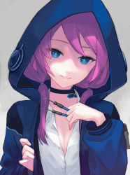 Rule 34 | 1girl, absurdres, arknights, black choker, blue eyes, blue jacket, blue poison (arknights), breasts, choker, cleavage, commentary request, dart, grey background, grin, hand up, highres, holding, hood, hooded jacket, huge filesize, jacket, jfjf, long hair, long sleeves, looking at viewer, low twintails, open clothes, open jacket, parted lips, pink hair, shirt, smile, solo, twintails, upper body, white shirt