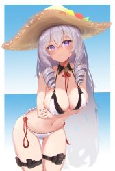 Rule 34 | 1girl, absurdres, algerie (azur lane), algerie (white sand paradise) (azur lane), algerie (white sand paradise) (azur lane), azur lane, bad id, bad pixiv id, bikini, border, breasts, cleavage, commentary request, drill hair, hat, highres, hiruno ushiro, large breasts, long hair, mole, mole under eye, ocean, purple eyes, side drill, silver hair, solo, straw hat, swimsuit, twin drills, white bikini, white border