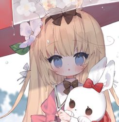 Rule 34 | 1girl, animal, blonde hair, blue eyes, blurry, blurry background, blush, bow, brown bow, brown hairband, commission, dripping, flower, hair bow, hairband, highres, holding, holding animal, holding rabbit, holding umbrella, long hair, looking at viewer, open mouth, original, rabbit, rain, red bow, skeb commission, sohare, transparent, transparent umbrella, umbrella, upper body, white bow, white flower