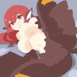 Rule 34 | 1girl, animal ears, big o pants, bird ears, bird legs, bird tail, black feathers, black wings, blush, breasts, commentary, feathers, fio-chan (big o pants), harpy, large breasts, leg lift, long hair, looking at viewer, lying, monster girl, nipples, on side, original, presenting, red eyes, red hair, solo, tail, winged arms, wings