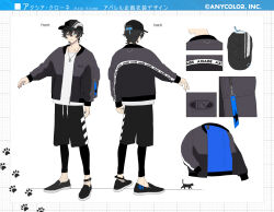 Rule 34 | 1boy, axia krone, axia krone (3rd costume), baseball cap, black footwear, black hair, black headwear, black jacket, black shorts, blue eyes, character name, character sheet, closed mouth, clothes writing, collarbone, copyright name, hat, highres, jacket, jewelry, looking at viewer, lowro (en), nail polish, necklace, nijisanji, official art, open clothes, open jacket, paw print, shirt, shoes, shorts, smile, virtual youtuber, white shirt, zipper, zipper pull tab