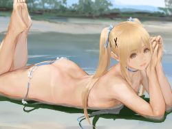 Rule 34 | 1girl, ass, bad id, bad twitter id, barefoot, beach, bikini, bikini bottom only, blonde hair, blue eyes, butt crack, choker, day, dead or alive, earrings, hair ornament, jewelry, lying, marie rose, mumaya, on stomach, outdoors, partially submerged, solo, swimsuit, tan, tanline, topfreedom, topless, twintails, water