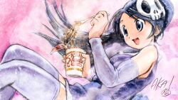 Rule 34 | 1girl, akai takami, commentary request, elbow gloves, elysia de lute ima, end card, fingerless gloves, food, gloves, hair ornament, hairclip, heart, highres, kami nomi zo shiru sekai, nissin cup noodle, noodles, open mouth, ponytail, ramen, skull hair ornament, smile, solo, thighhighs, white thighhighs