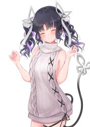 Rule 34 | 1girl, absurdres, aran sweater, black hair, black ribbon, blush, breasts, cable knit, closed eyes, commentary request, cowboy shot, demon girl, demon horns, demon tail, dress, grey sweater, grin, highres, horns, kojo anna, kojo anna (3rd costume), leg ribbon, long hair, medium breasts, meme attire, multicolored hair, nanashi inc., official alternate costume, pointy ears, purple hair, ribbed sweater, ribbon, robou no stone, sideboob, smile, solo, sweater, sweater dress, tail, turtleneck, turtleneck sweater, twintails, two-tone hair, virgin killer sweater, virtual youtuber