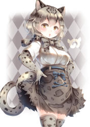 Rule 34 | 10s, 1girl, absurdres, animal ears, animal print, argyle, argyle background, argyle clothes, bow, bowtie, cat ears, cat tail, commentary request, cowboy shot, elbow gloves, gloves, grey hair, hands on own hips, high-waist skirt, highres, japari symbol, kanzakietc, kemono friends, looking at viewer, marbled cat (kemono friends), open mouth, print bow, print bowtie, print gloves, print neckwear, print skirt, print thighhighs, shirt, short hair, short sleeves, skirt, solo, tail, thighhighs, white shirt, yellow eyes