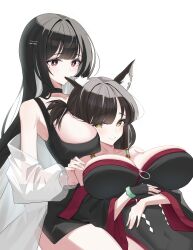 2girls absurdres animal_ears bare_shoulders between_breasts black_choker black_dress black_hair breasts bright_pupils choker closers commentary_request commission covered_navel dress fox_ears hair_ornament hairclip highres ijongha jacket korean_commentary large_breasts long_hair looking_at_viewer mirae_(closers) mole mole_under_eye multiple_girls off_shoulder open_clothes open_jacket original red_eyes see-through_clothes short_dress sleeveless sleeveless_dress very_long_hair white_jacket yellow_eyes