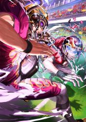 Rule 34 | 2boys, absurdres, american football, american football (object), american football helmet, american football uniform, ball, brown hair, commentary request, crowd, eyeshield 21, gloves, goggles, goggles on eyes, helmet, highres, male focus, multiple boys, muscular, muscular male, open mouth, ossan zabi 190, smile, sportswear, white gloves