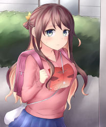 Rule 34 | 10s, 1girl, alternate costume, backpack, bag, between breasts, blue eyes, blush, breasts, brown hair, commentary request, female focus, hair ribbon, highres, holding strap, kantai collection, long hair, looking at viewer, medium breasts, multicolored hair, naganami (kancolle), neit ni sei, outdoors, pink hair, randoseru, ribbon, skirt, solo, strap between breasts, sweatdrop, sweater