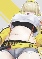 Rule 34 | 1girl, :d, absurdres, ahoge, black gloves, black sports bra, blonde hair, breasts, clothing cutout, crop top, crop top overhang, cropped sweater, elegg (nikke), exposed pocket, fang, gloves, goddess of victory: nikke, grey shorts, hair intakes, hair over eyes, highres, large breasts, long bangs, long sleeves, micro shorts, multicolored clothes, multicolored gloves, multicolored hair, navel, open mouth, plump, short hair, shorts, shoulder cutout, sieso e, skin fang, smile, solo, sports bra, suspender shorts, suspenders, thighs, two-tone hair, yellow gloves