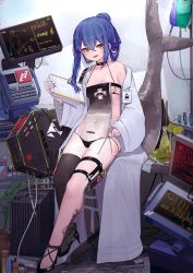 Rule 34 | 1girl, :d, absurdres, black choker, black footwear, black panties, black thighhighs, blue hair, blue nails, blush, bottle, breasts, cardiogram, choker, clipboard, commentary request, erlenmeyer flask, fins, fish tail, flask, full body, hair between eyes, high heels, highres, holding, holding clipboard, id card, iv stand, kouki (chancegak), lab coat, laboratory, long hair, long sleeves, looking at viewer, medium breasts, nail polish, navel, off shoulder, open mouth, original, panties, partially unzipped, plant, potted plant, see-through, shark tail, single thighhigh, sitting, smile, solo, sticky note, stomach, syringe, tail, thigh strap, thighhighs, underwear, unzipping, vial, wide sleeves, yellow eyes, zipper