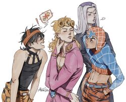 Rule 34 | !, 4boys, alternate hairstyle, animal print, black eyes, blonde hair, brown eyes, closed eyes, commentary request, crop top, earrings, giorno giovanna, grey hair, guido mista, hands in pockets, jewelry, jojo no kimyou na bouken, korean commentary, leone abbacchio, long hair, male focus, midriff, mm jjba, multiple boys, narancia ghirga, navel, one eye closed, open mouth, purple eyes, signature, spoken object, stud earrings, tiger print, turtleneck, turtleneck crop top, vento aureo
