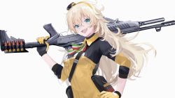Rule 34 | 1girl, :d, ammunition, blonde hair, fabarm sat-8, fang, girls&#039; frontline, gloves, green eyes, gun, hair between eyes, hairband, hand on own hip, highres, long hair, looking at viewer, messy hair, open mouth, s.a.t.8 (girls&#039; frontline), semi-automatic firearm, semi-automatic shotgun, shotgun, shotgun shell, shotgun speedloader, smile, solo, tepqei, weapon, white background