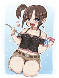 Rule 34 | 1girl, bare shoulders, blue background, blue eyes, blunt bangs, blush, brown hair, collarbone, commentary request, dot nose, dutch angle, heart, highres, ice, ichika (ichika manga), looking at viewer, navel, original, short shorts, shorts, sidelocks, solo, spoon, sweat, tareme, thick thighs, thighs, tongue, tongue out, translation request, white background