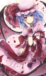 Rule 34 | 1girl, bat wings, blue hair, female focus, fingernails, hagiwara rin, hand on own cheek, hand on own face, hat, nail polish, pink eyes, red nails, remilia scarlet, short hair, smile, solo, touhou, wings, wrist cuffs, wristband