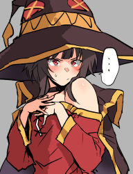 Rule 34 | ..., 1girl, bare shoulders, blush, brown hair, closed mouth, commentary request, dress, grey background, hands on own chest, hat, henriiku (ahemaru), kono subarashii sekai ni shukufuku wo!, large hat, long sleeves, megumin, red dress, red eyes, short hair with long locks, simple background, solo, speech bubble, spoken ellipsis, sweatdrop, upper body, witch hat