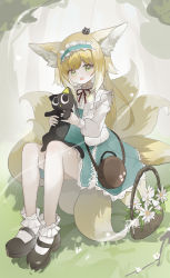 Rule 34 | 1girl, :d, absurdres, animal, animal ear fluff, animal ears, arknights, basket, black cat, black footwear, blonde hair, blue hairband, blue skirt, cat, commentary request, flower, fox ears, fox girl, fox tail, frilled hairband, frills, green eyes, hairband, high-waist skirt, highres, holding, holding animal, jacket, kele mimi, knees up, long hair, looking at viewer, luo xiaohei, multicolored hair, neck ribbon, open clothes, open jacket, open mouth, red ribbon, ribbon, shirt, shoes, sitting, skirt, smile, socks, solo, suzuran (arknights), suzuran (spring praise) (arknights), tail, luo xiaohei zhanji, two-tone hair, very long hair, white flower, white hair, white jacket, white shirt, white socks