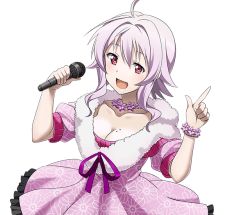 Rule 34 | 1girl, :d, ahoge, breasts, cleavage, collarbone, dress, hair between eyes, holding, holding microphone, index finger raised, jewelry, large breasts, microphone, mole, mole on breast, neck ribbon, necklace, open mouth, pink dress, purple ribbon, red eyes, ribbon, short hair with long locks, sidelocks, silver hair, smile, solo, standing, strea (sao), sword art online, transparent background