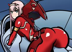 Rule 34 | 1girl, all fours, ass, bodysuit, breasts, darling in the franxx, green eyes, large breasts, long hair, looking at viewer, pink hair, sideboob, smile, solo, zero two (darling in the franxx)
