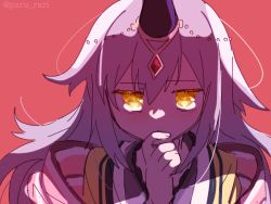 Rule 34 | 1girl, backlighting, black horns, brown kimono, coat, colored eyelashes, expressionless, gem, grey hair, hand on own chin, haori, horns, japanese clothes, kimono, kureha yuna, long hair, looking at viewer, magia record: mahou shoujo madoka magica gaiden, magical girl, mahou shoujo madoka magica, messy hair, oni, paru rari, portrait, red background, red gemstone, shadow, signature, simple background, single horn, solo, soul gem, sparkle, twitter username, yellow coat, yellow eyes